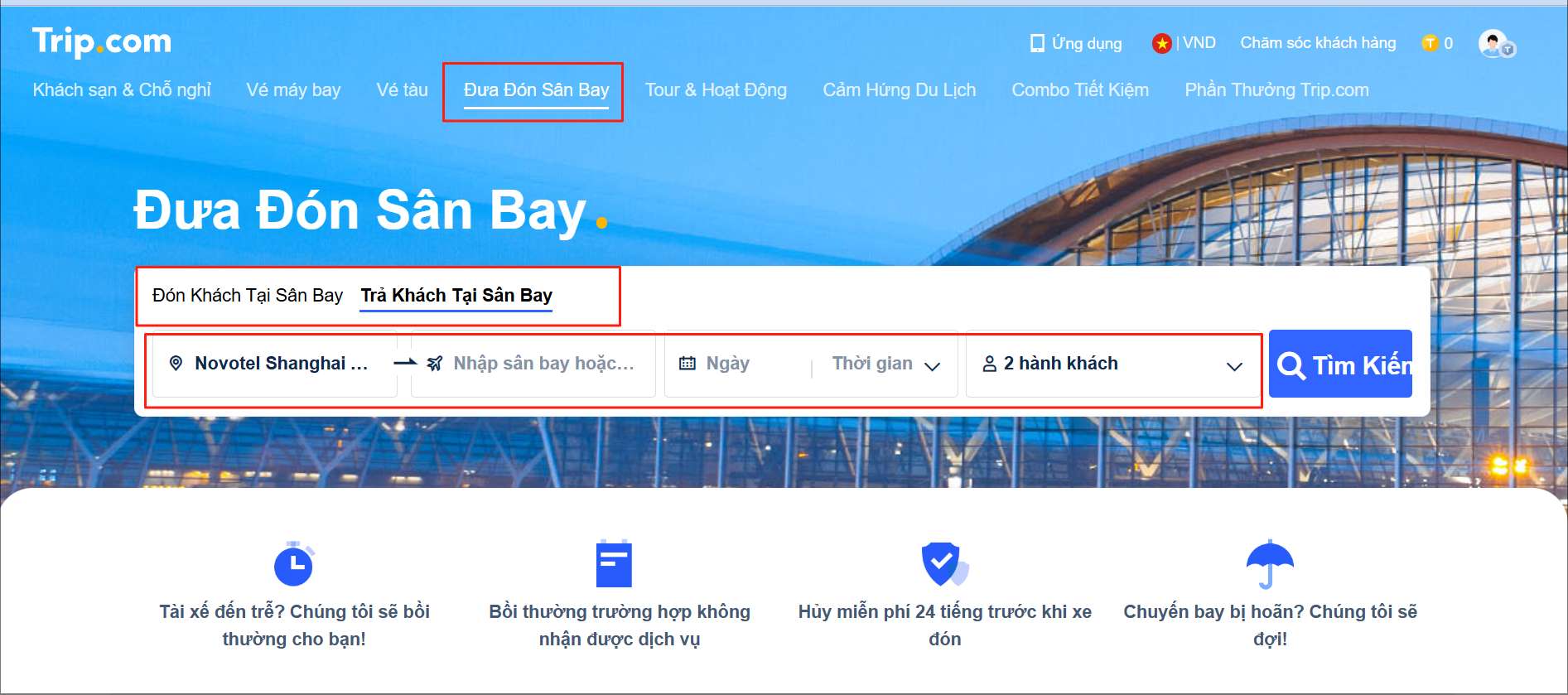 Truy cập và Chọn Dịch Vụ đưa đón tại sân bay trip.com