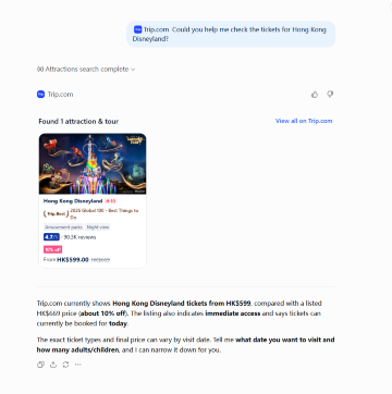 Trip.com plugin showing attraction and tour options in ChatGPT