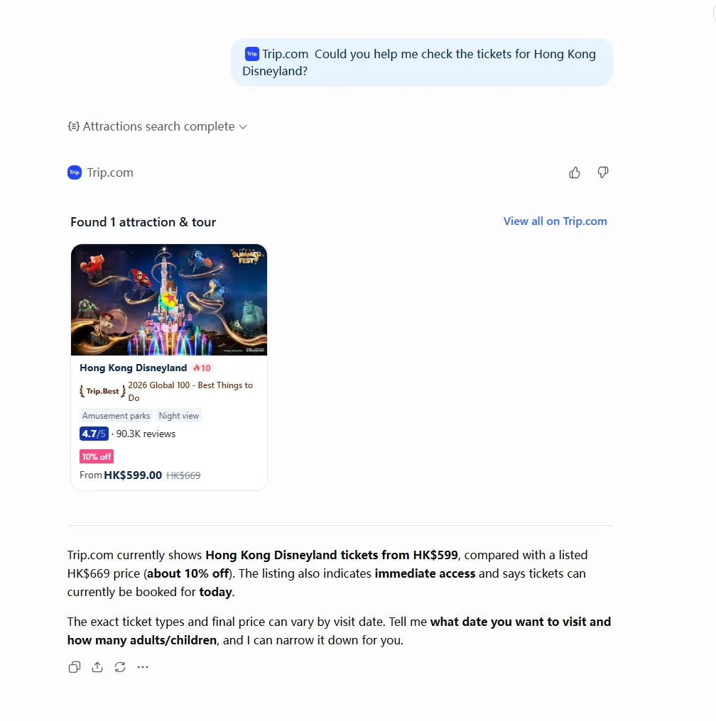Trip.com plugin showing attraction and tour options in ChatGPT