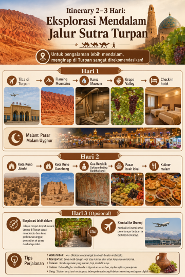 📍 Itinerary 2–3 Hari: Eksplorasi Mendalam Jalur Sutra Turpan
Untuk pengalaman lebih mendalam, menginap di Turpan sangat direkomendasikan:
Hari 1: Tiba di Turpan → Flaming Mountains → Karez Museum → Grape Valley → Check-in hotel → Malam: Pasar Malam Uyghur 🌙
Hari 2: Kota Kuno Jiaohe → Kota Kuno Gaochang → Gua Bezeklik (lukisan dinding Buddha kuno) → Pasar buah lokal → Kuliner malam 🏛️
Hari 3 (Opsional): Eksplorasi lebih dalam atau kembali ke Urumqi untuk penerbangan lanjutan ke destinasi berikutnya ✈️