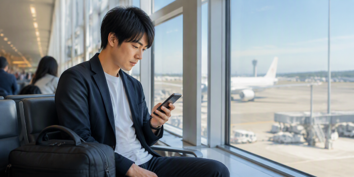 空港でスマホ操作