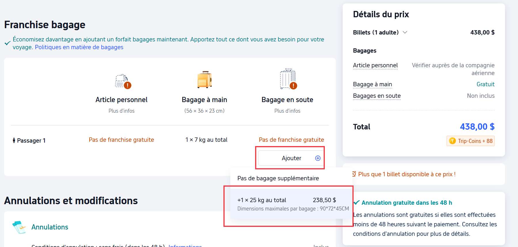 ajouter bagage en soute