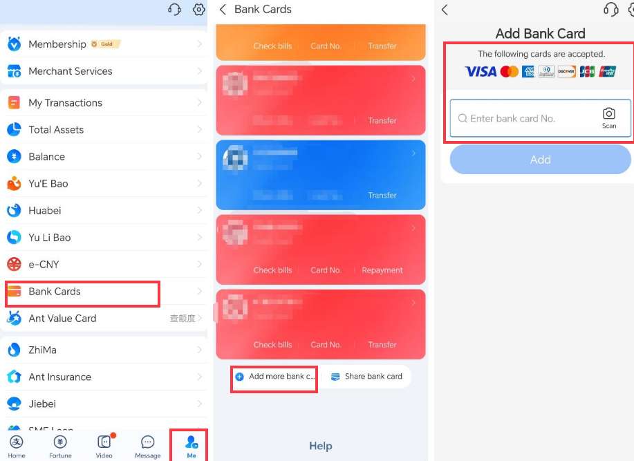 Bankkarte mit Alipay verknüpfen