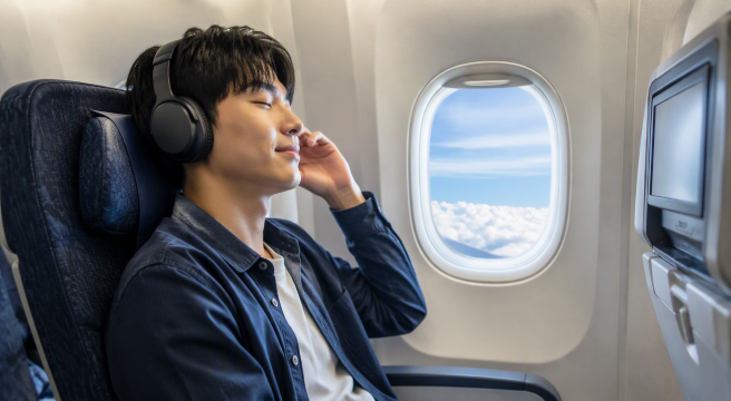 機内で音楽を聴く日本人