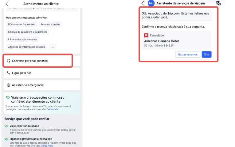Outros canais de atendimento ao cliente da Trip.com (Chat no aplicativo)