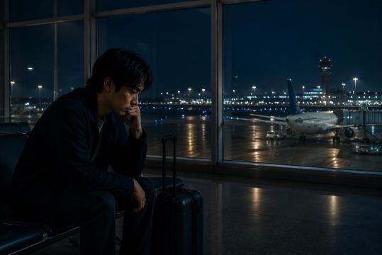 夜の空港で悩む日本人
