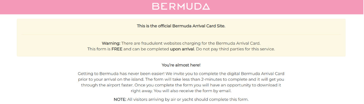 Bermuda Arrival Card page