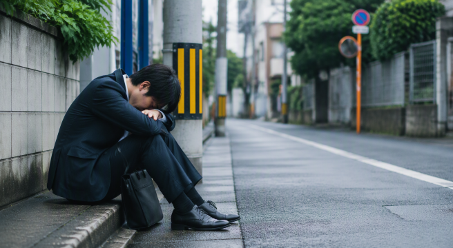 道端で落ち込む日本人