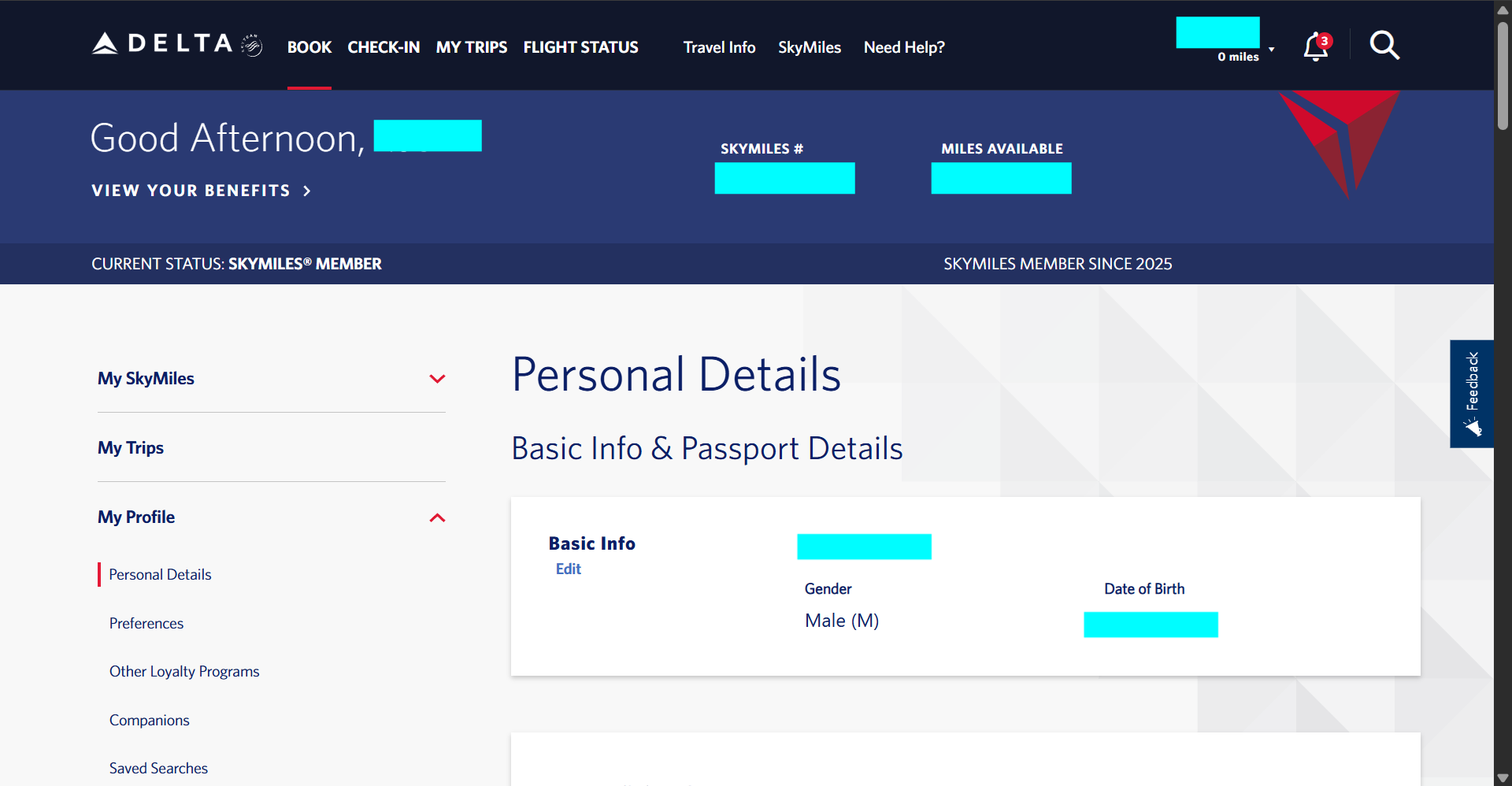 Delta Airlines Webpage Frequent Flyer Number 