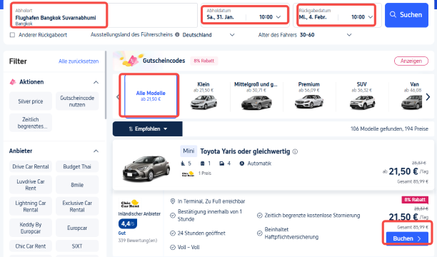 Wie mietet man ein Auto am Flughafen Suvarnabhumi?