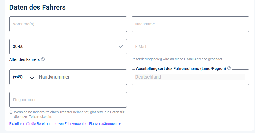 Fahrerdaten eingeben
