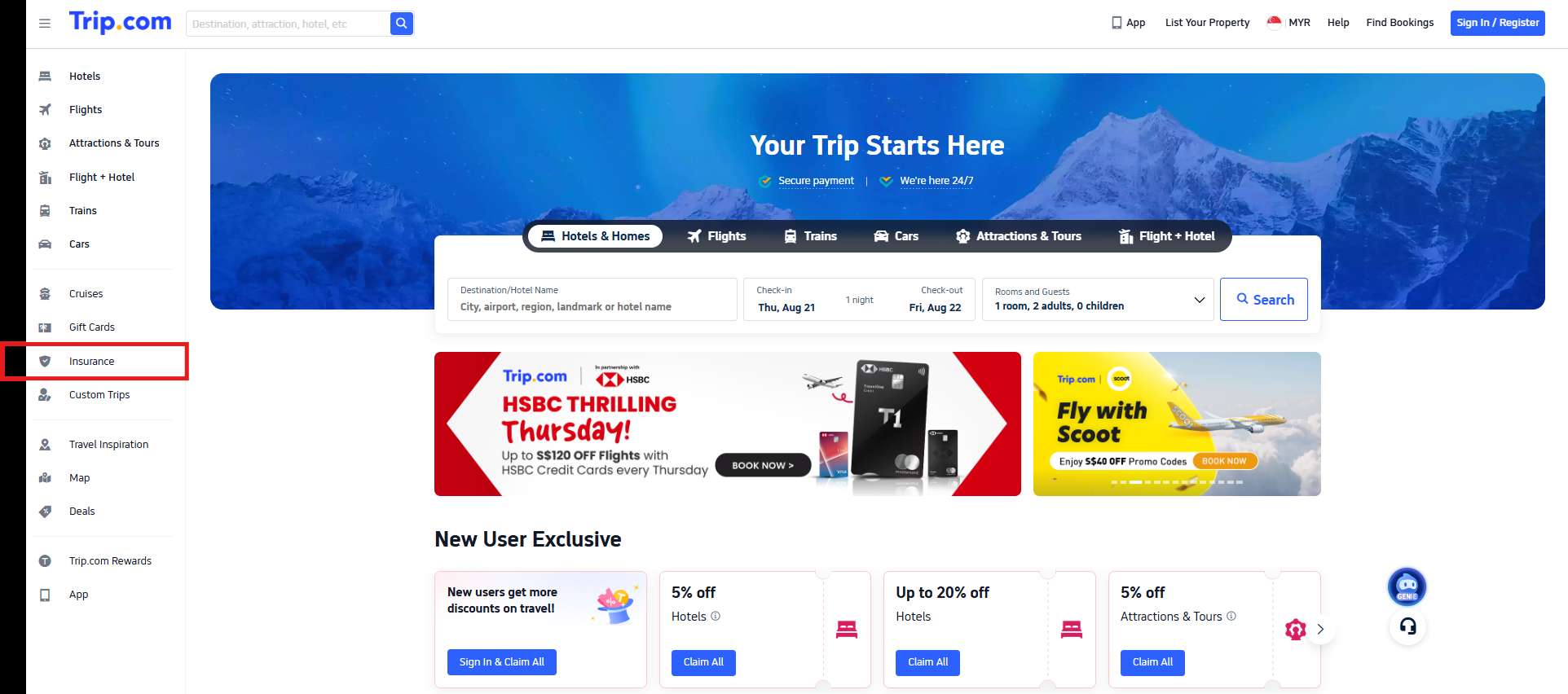 Insurance in Trip.com website