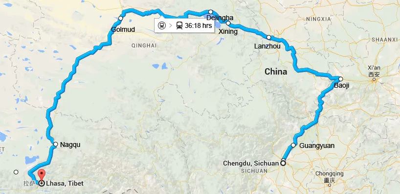 bản đồ Thành Đô đến Lhasa (Tây Tạng)