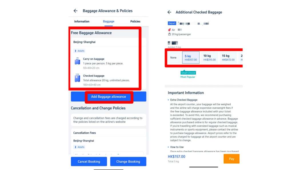So fügst du aufgegebenes Gepäck hinzu