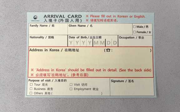 韩国纸质入境卡