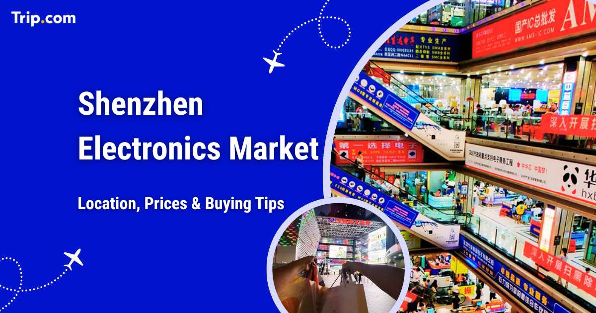 "Shenzhen Electronics Market" cover: interior of the Huaqiangbei shopping centre with electronics shops, next to the text "Guide to visiting and shopping in Huaqiangbei"