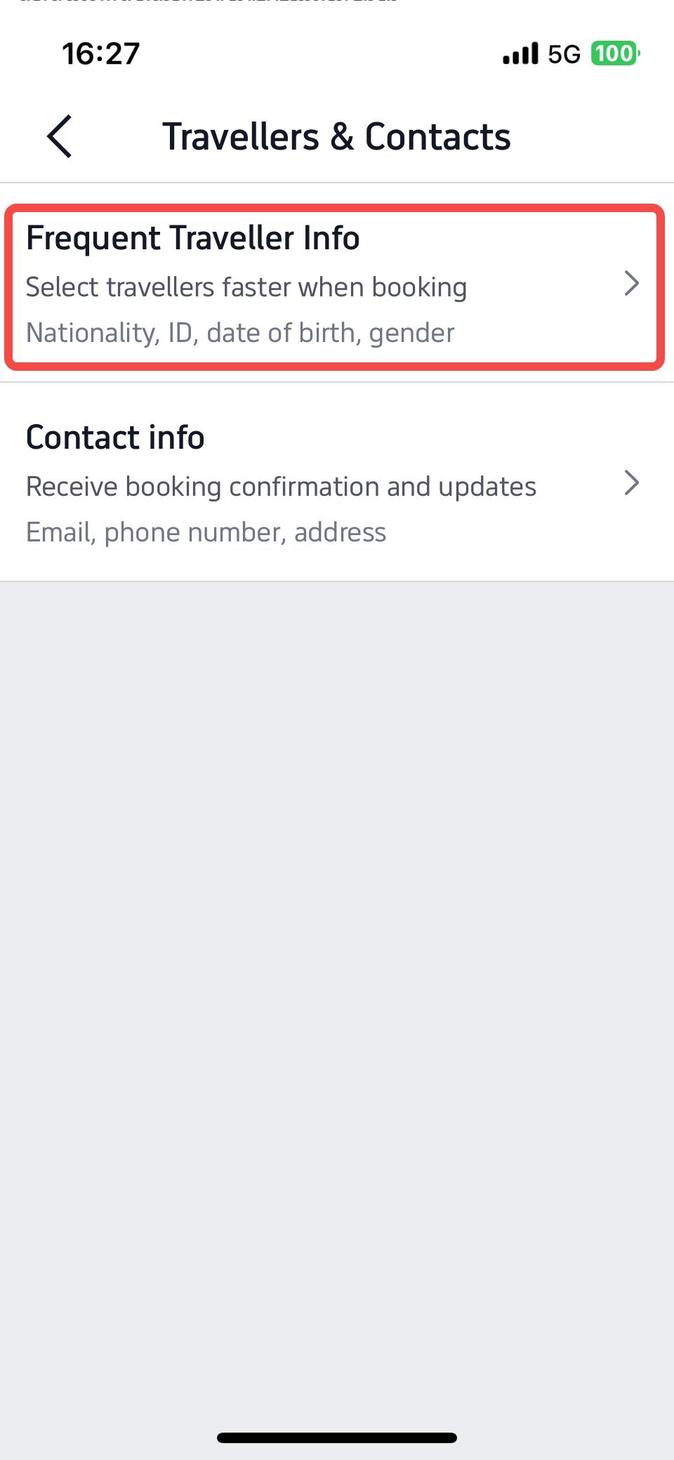 trip.com app travellers and contacts page