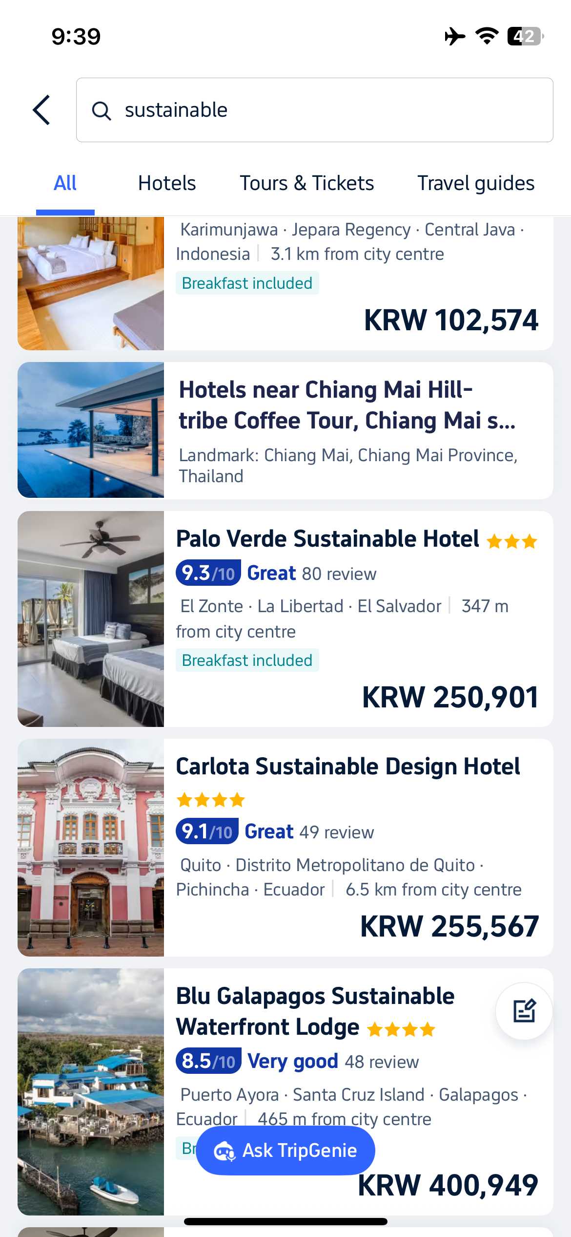 sustainable hotel search screen on Trip.com