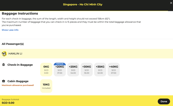 scoot app addon baggage