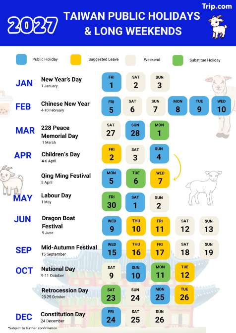 Taiwan Public Holidays 2027