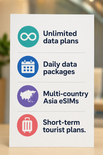 give me photo of these words
Unlimited data plans
Daily data packages
Multi-country Asia eSIMs
Short-term tourist plans