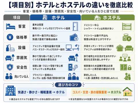 【項目別】ホテルとホステルの違いを徹底比較