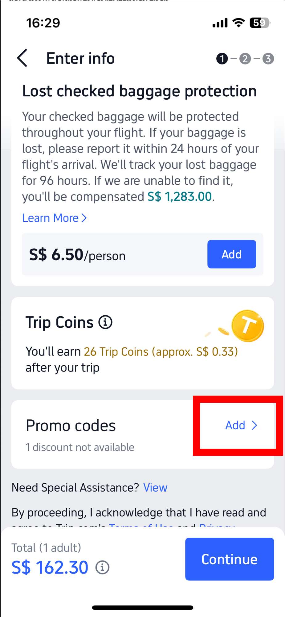 trip.com app flight booking page