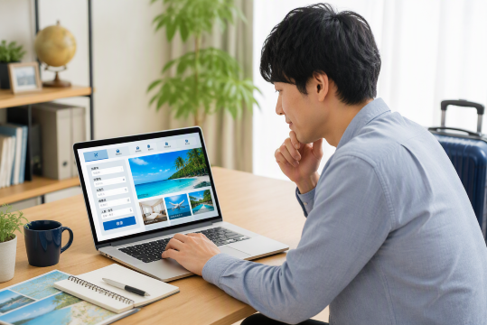 PCで旅行予約する男性