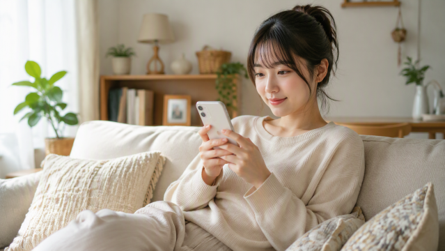 自宅でスマホ操作する女性