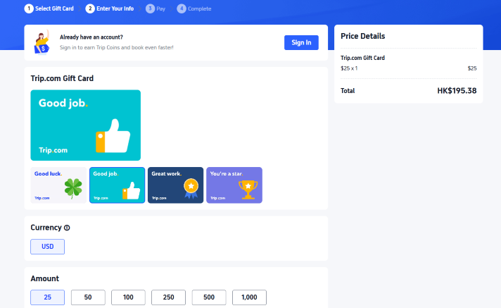 Choose currency & amount of your gift card