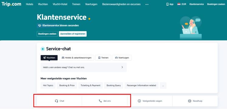 Klantenservice van de Trip.com-app