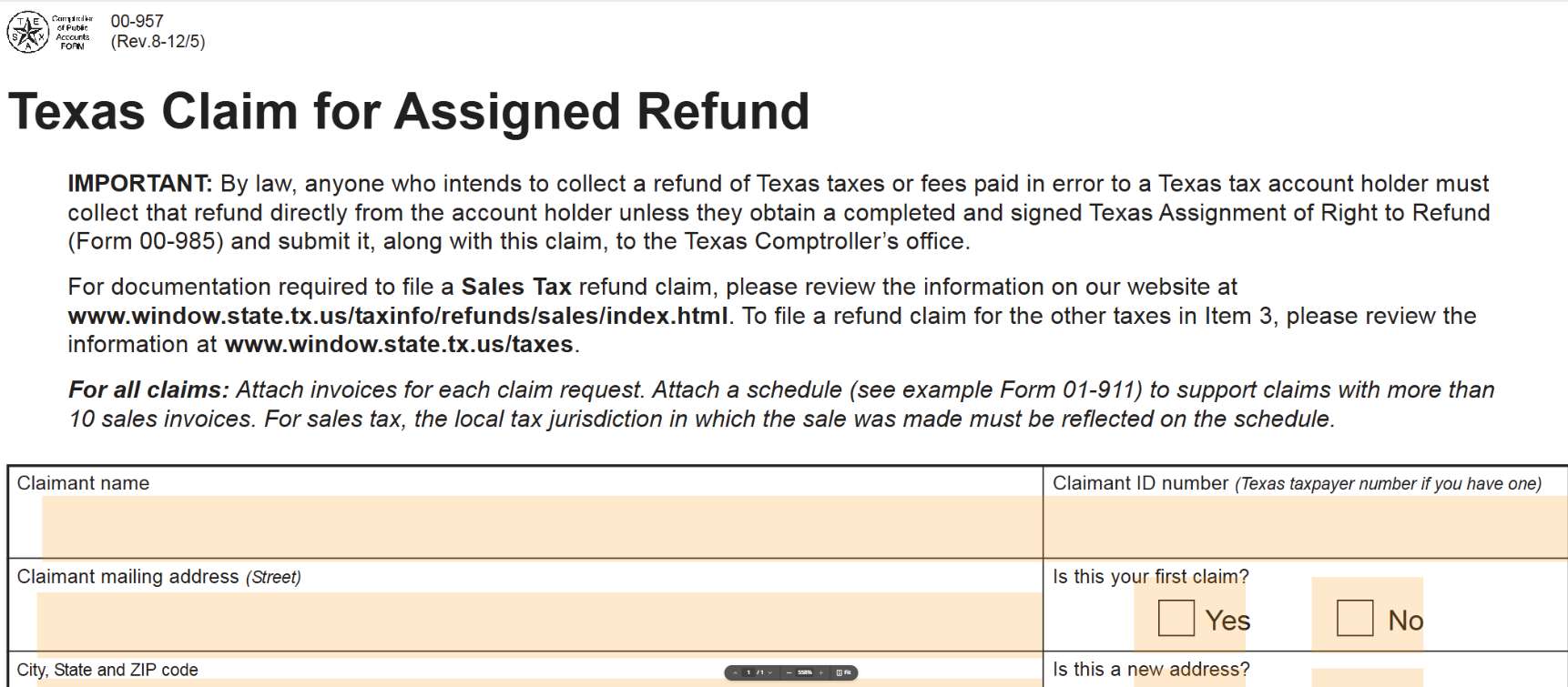 Form of Tax Refund Texas