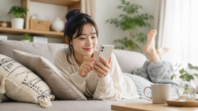 自宅でスマホを操作する日本人