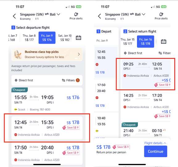 trip.com app flight selection