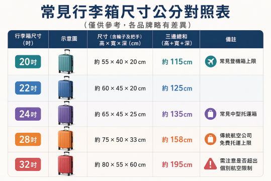 行李箱尺寸對照表