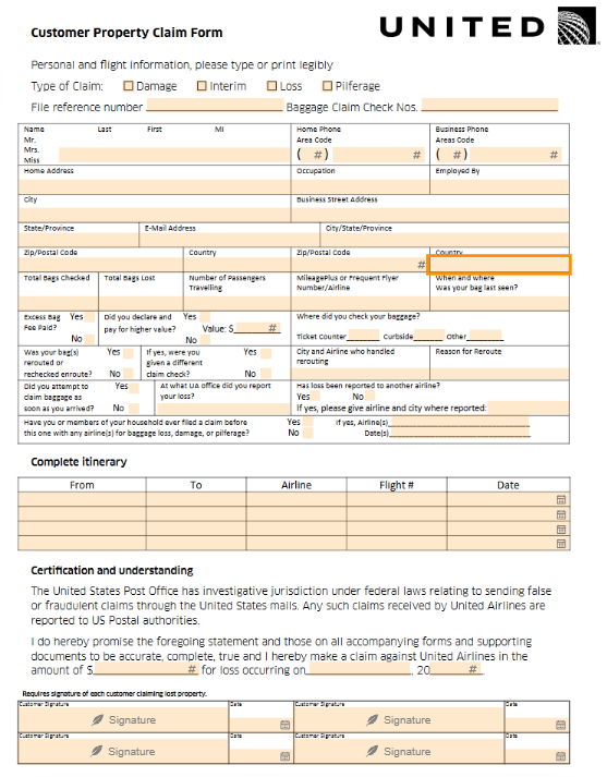 Baggage Claim Form United