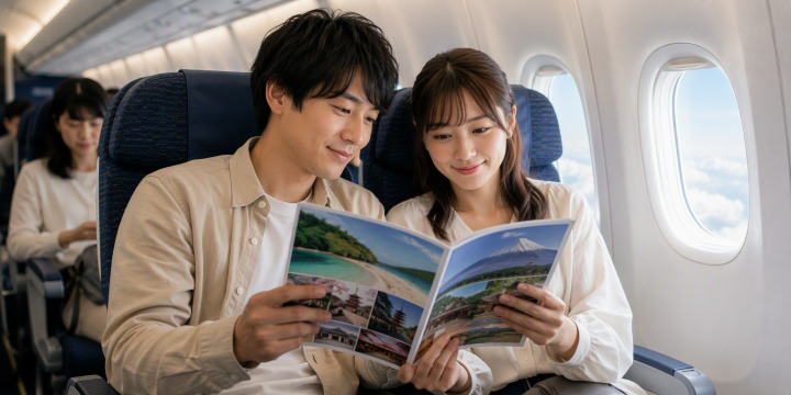 機内でガイドを読むカップル