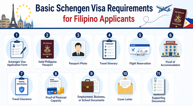 Basic Schengen Visa Requirements for Filipino Applicants
Schengen Visa Application Form
Valid Philippine Passport
Passport Photo
Travel Itinerary
Flight Reservation
Proof of Accommodation
Travel Insurance
Proof of Financial Capacity
Employment, Business, or School Documents
Cover Letter
Supporting Documents
NO NEED EXPLANED
HORINZANTAL
