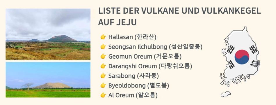 Infografik mit Fotos von Vulkanen und Landschaften auf Jeju sowie einer Liste berühmter Oreums wie Hallasan, Seongsan Ilchulbong und Geomun Oreum