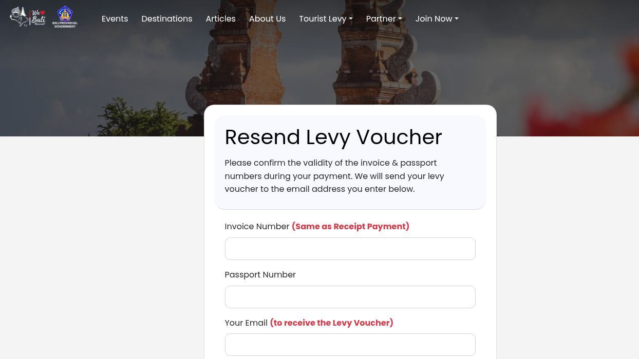 Форма Resend Levy Voucher на сайте Love Bali для повторной отправки ваучера