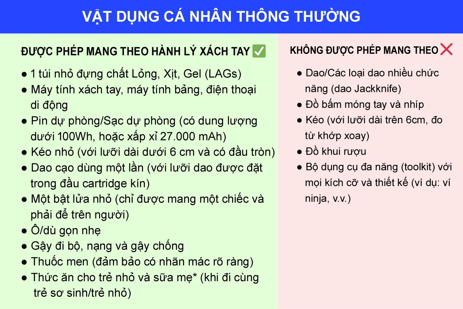 Vật Dụng Cá Nhân Thông Dụng Được Phép Mang Theo khi lên máy bay