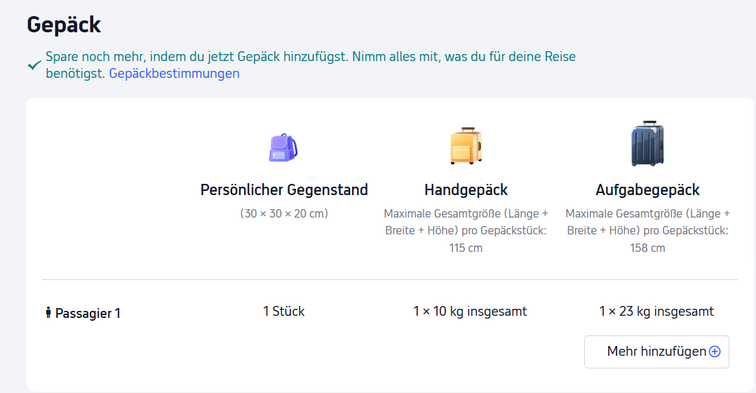 So fügst du aufgegebenes Gepäck hinzu