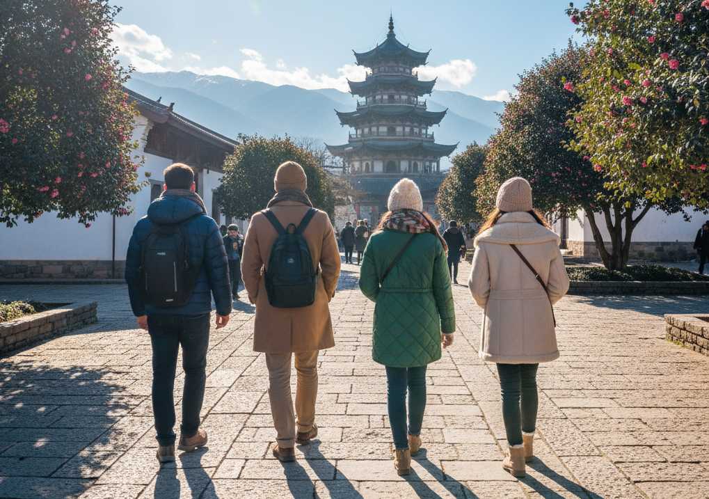 four visitors in yunnan dressed in winter clothes