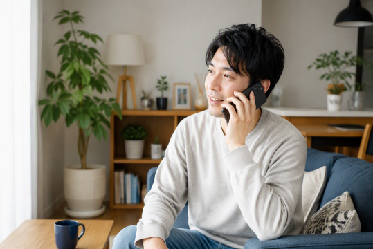自宅で電話する日本人
