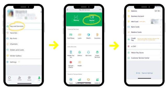 Schermen van de WeChat-app met de toegang tot 'Betalingen en diensten' en de digitale portemonnee.