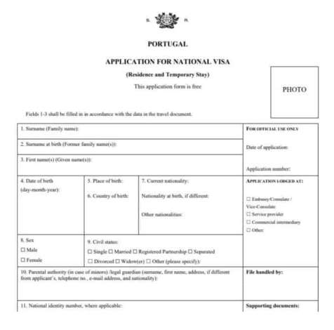 Portugal Visa Form