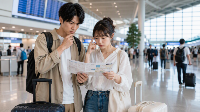 空港で悩むカップル