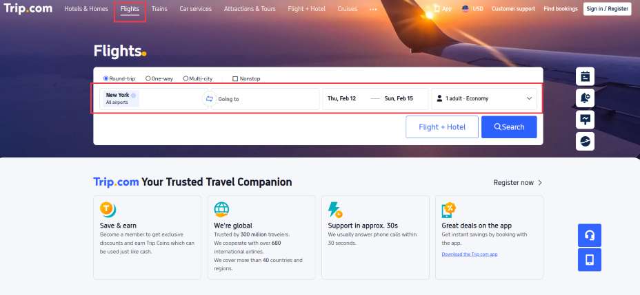 Search flights on Trip.com