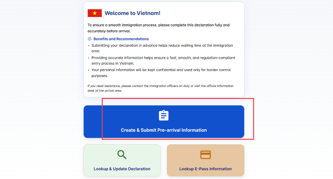 Application page for pre-arrival card to Vietnam