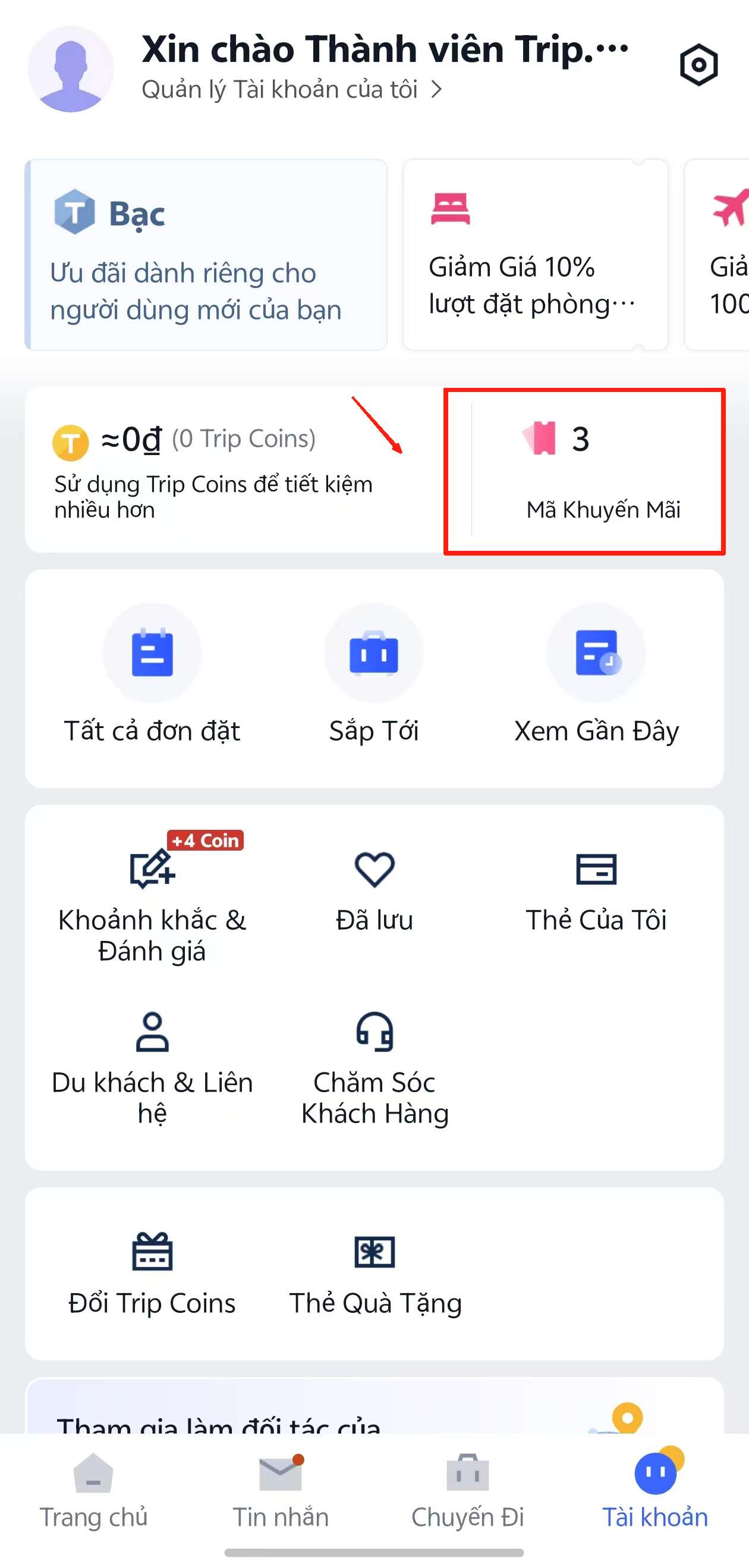 Tìm và chọn mục "Mã giảm giá" trip.com